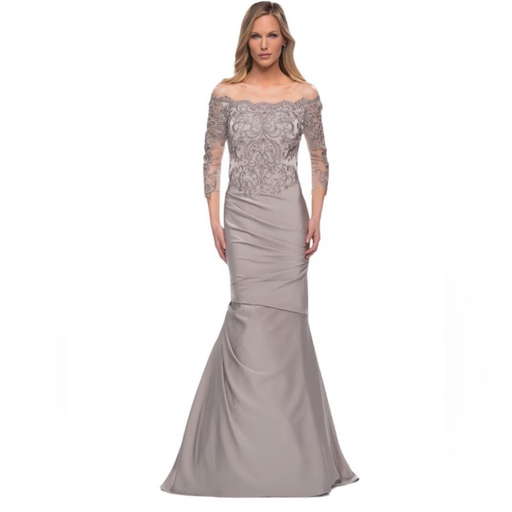 New! La Femme 29324 Satin Mermaid Gown with Off the Shoulder Lace‎ Size 18 $498